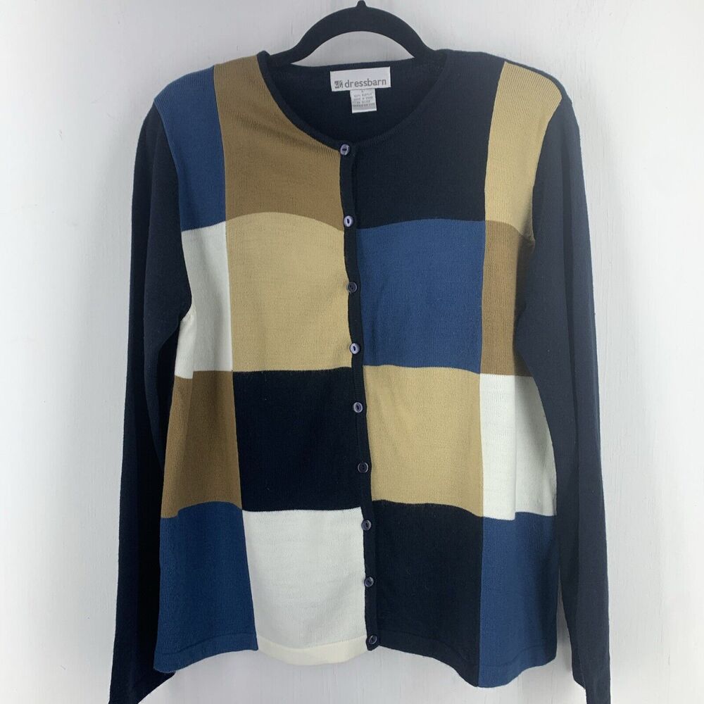 Dressbarn Womens Large Cardigan Sweater‎ Patchwork Preppy Casual Multicolor Y2K